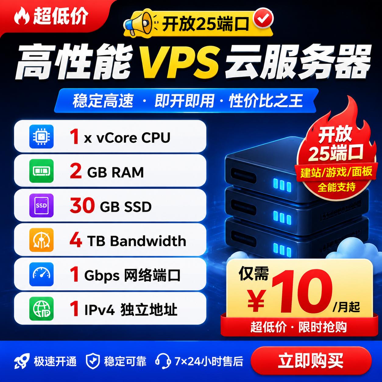 美国云服务器VPS｜2GB RAM 30G SSD 4TB带宽 1Gbps端口 开放25端口SMTP 美西LA 美东NY可选 低价年付